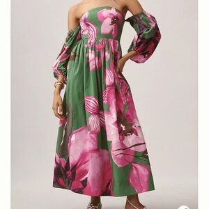 Anthropologie Floral Off-Shoulder Green and Pink Dress